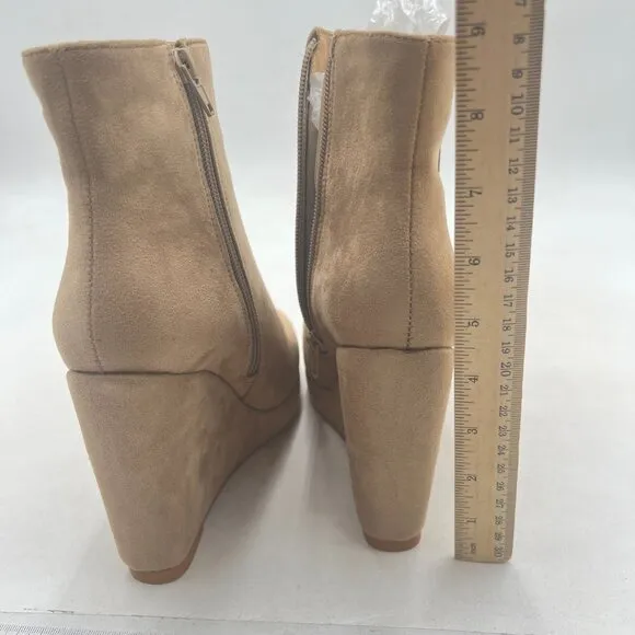 Beige Platform Rounded Toe Ankle Boots Side Zipper High Heel Wedge Short Boot