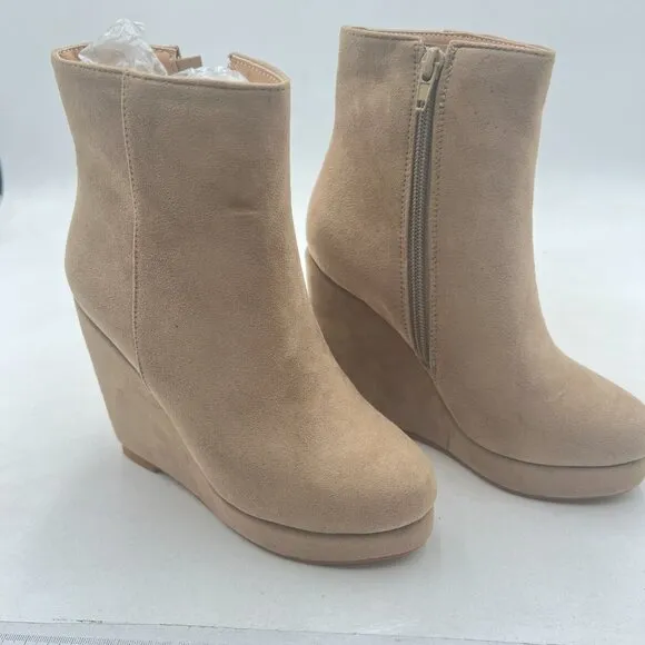 Beige Platform Rounded Toe Ankle Boots Side Zipper High Heel Wedge Short Boot