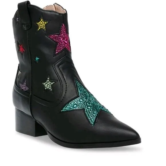 Betsey Johnson Black Edison Rhinestone Embellished Western Boots Size 5.5 NWB