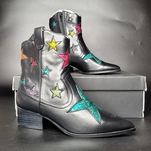 Betsey Johnson Black Edison Rhinestone Embellished Western Boots Size 5.5 NWB