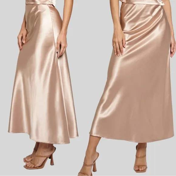 BIAS SATIN SLIP SKIRT - BEIGE