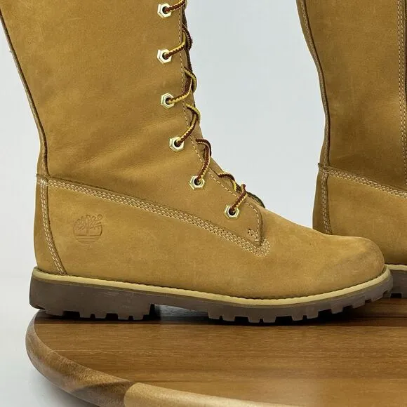 Big Kids Timberland‎ Asphalt Trail Tan Leather Tall Cuffed Combat Boots Size 3.5