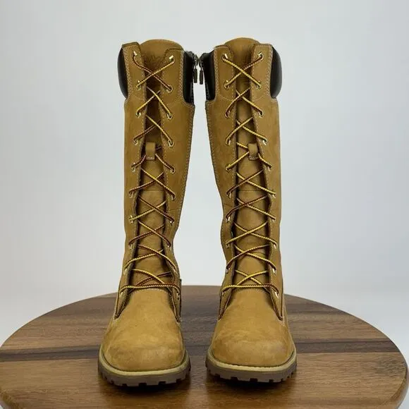 Big Kids Timberland‎ Asphalt Trail Tan Leather Tall Cuffed Combat Boots Size 3.5