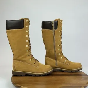 Big Kids Timberland‎ Asphalt Trail Tan Leather Tall Cuffed Combat Boots Size 3.5