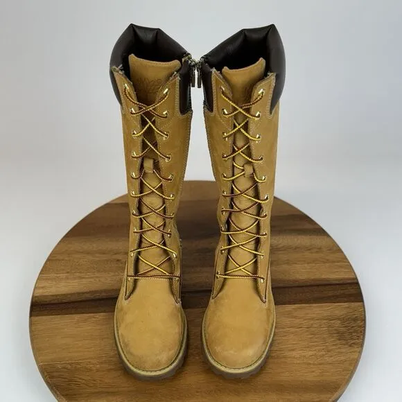 Big Kids Timberland‎ Asphalt Trail Tan Leather Tall Cuffed Combat Boots Size 3.5