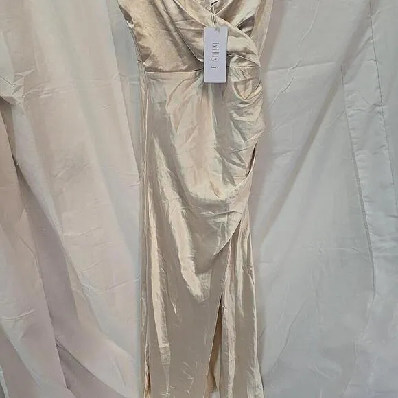 Billy J NWT - Elsa Midi 6 Elegant Minimalist Slit Romantic Champagne Silk Dress