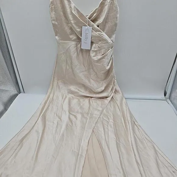 Billy J NWT - Elsa Midi 6 Elegant Minimalist Slit Romantic Champagne Silk Dress