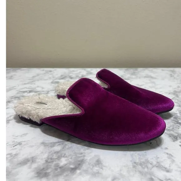 BIRDIES The Phoebe Ruby Red Velvet Slip On Slipper 7.5 Faux Fur Mule Slides Chic
