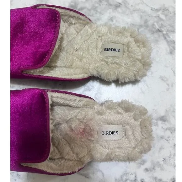 BIRDIES The Phoebe Ruby Red Velvet Slip On Slipper 7.5 Faux Fur Mule Slides Chic
