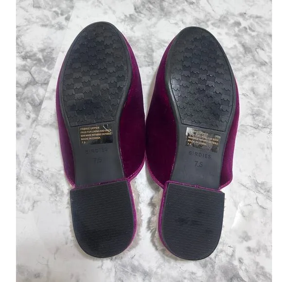 BIRDIES The Phoebe Ruby Red Velvet Slip On Slipper 7.5 Faux Fur Mule Slides Chic