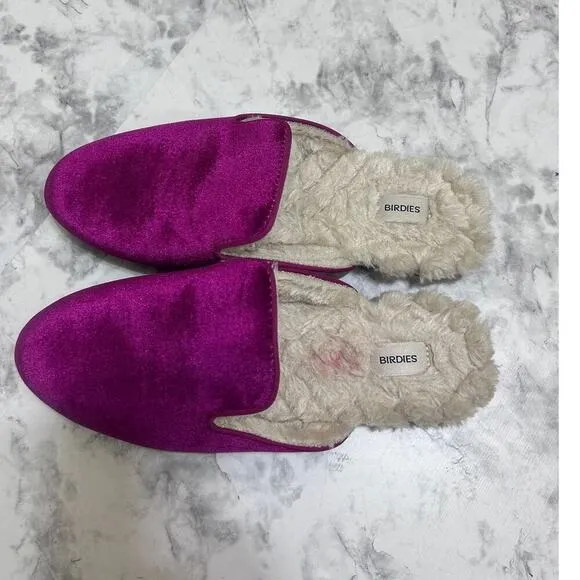 BIRDIES The Phoebe Ruby Red Velvet Slip On Slipper 7.5 Faux Fur Mule Slides Chic