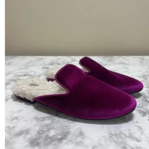 BIRDIES The Phoebe Ruby Red Velvet Slip On Slipper 7.5 Faux Fur Mule Slides Chic