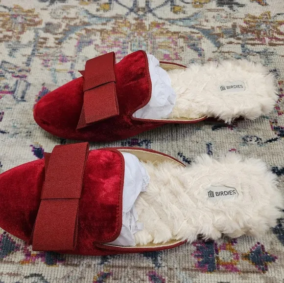 Birdies Women's &quot;The Phoebe&quot; Faux Fur Reby Red Bow Velvet Mule Slippers, sz 9