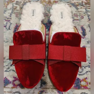 Birdies Women's &quot;The Phoebe&quot; Faux Fur Reby Red Bow Velvet Mule Slippers, sz 9