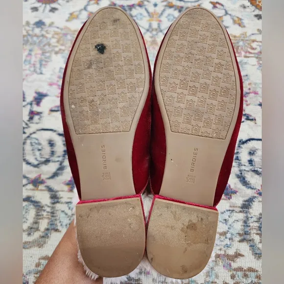 Birdies Women's &quot;The Phoebe&quot; Faux Fur Reby Red Bow Velvet Mule Slippers, sz 9