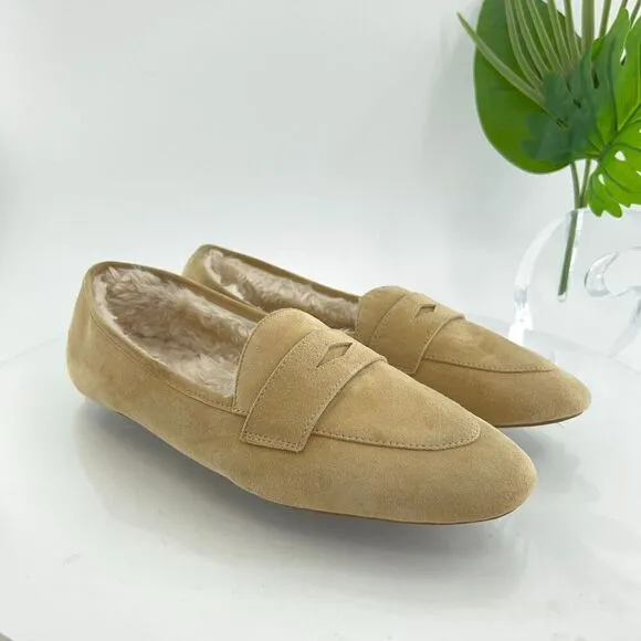 Birdies Womens Size 10.5 The Vesper Penny Loafers Slippers Suede Tan Faux Fur
