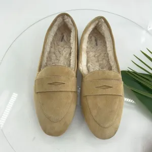 Birdies Womens Size 10.5 The Vesper Penny Loafers Slippers Suede Tan Faux Fur
