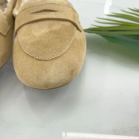 Birdies Womens Size 10.5 The Vesper Penny Loafers Slippers Suede Tan Faux Fur