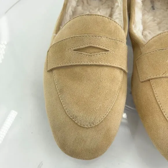 Birdies Womens Size 10.5 The Vesper Penny Loafers Slippers Suede Tan Faux Fur