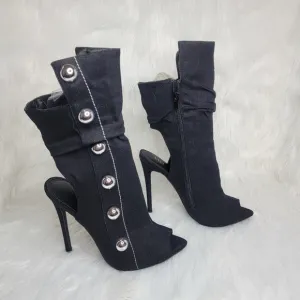 Black boots stiletto heel open toe silver studs.