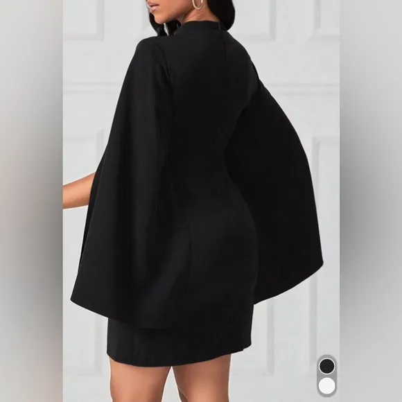 Black Cape Sleeve Mini Dress Mockneck Plazacore Business Minimalist