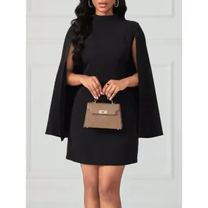 Black Cape Sleeve Mini Dress Mockneck Plazacore Business Minimalist