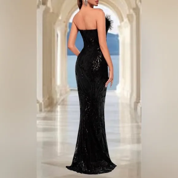 Black Cocktail Formal Strapless Backless Sequins Mesh Feather Mermaid Maxi Dress