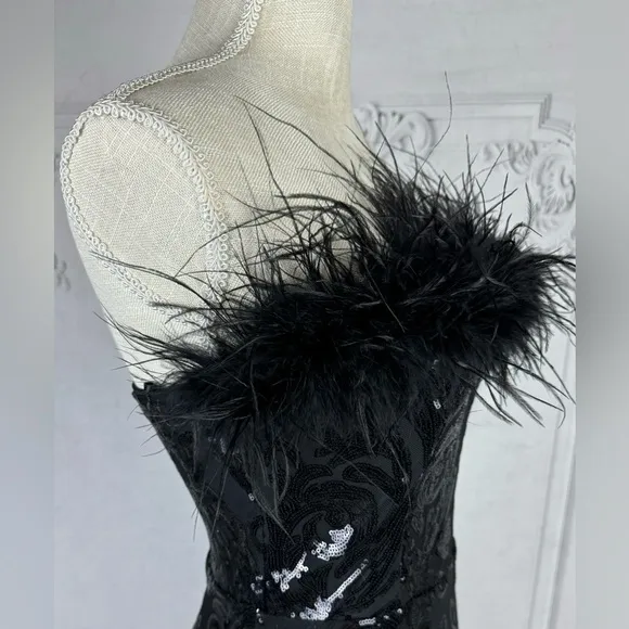 Black Cocktail Formal Strapless Backless Sequins Mesh Feather Mermaid Maxi Dress