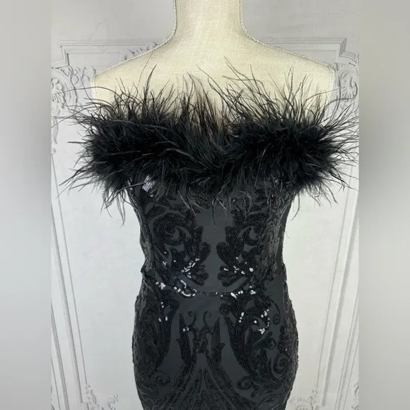 Black Cocktail Formal Strapless Backless Sequins Mesh Feather Mermaid Maxi Dress