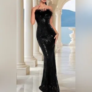 Black Cocktail Formal Strapless Backless Sequins Mesh Feather Mermaid Maxi Dress