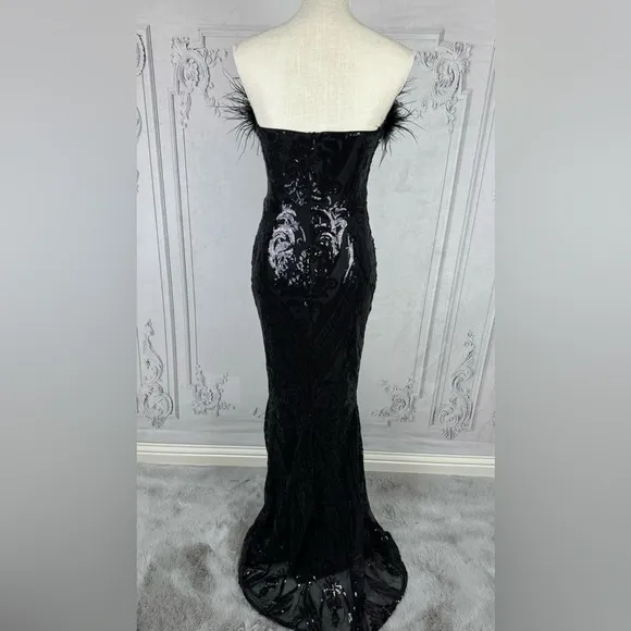 Black Cocktail Formal Strapless Backless Sequins Mesh Feather Mermaid Maxi Dress