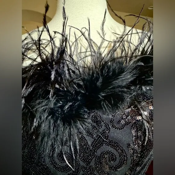 Black Cocktail Formal Strapless Backless Sequins Mesh Feather Mermaid Maxi Dress