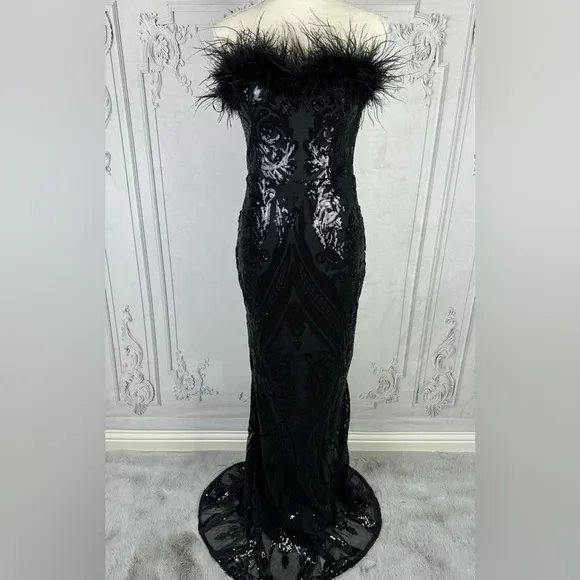 Black Cocktail Formal Strapless Backless Sequins Mesh Feather Mermaid Maxi Dress