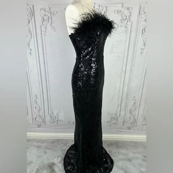 Black Cocktail Formal Strapless Backless Sequins Mesh Feather Mermaid Maxi Dress