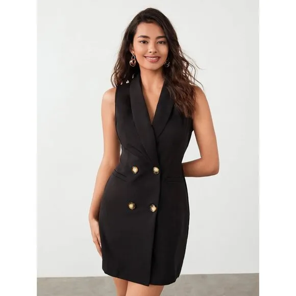 Black Double-Breasted Blazer Dress Sleeveless Minimalist Business Chic