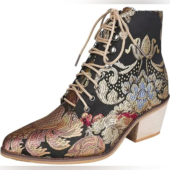 Black Floral Lace Up Ankle Boots Purchased From Amazon Size 42 Fits Like A Sz 10