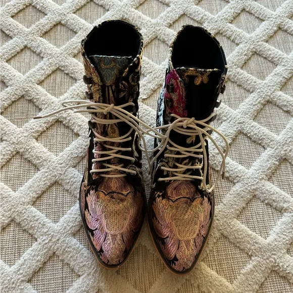 Black Floral Lace Up Ankle Boots Purchased From Amazon Size 42 Fits Like A Sz 10