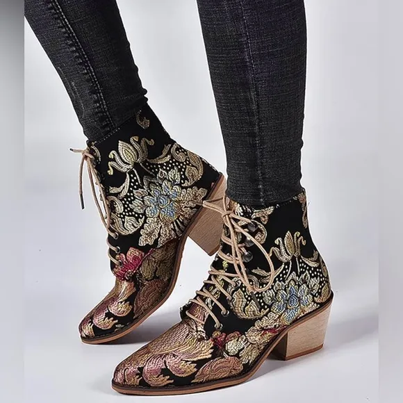 Black Floral Lace Up Ankle Boots Purchased From Amazon Size 42 Fits Like A Sz 10