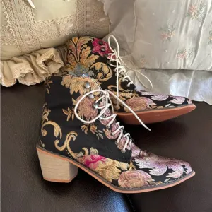 Black Floral Lace Up Ankle Boots Purchased From Amazon Size 42 Fits Like A Sz 10