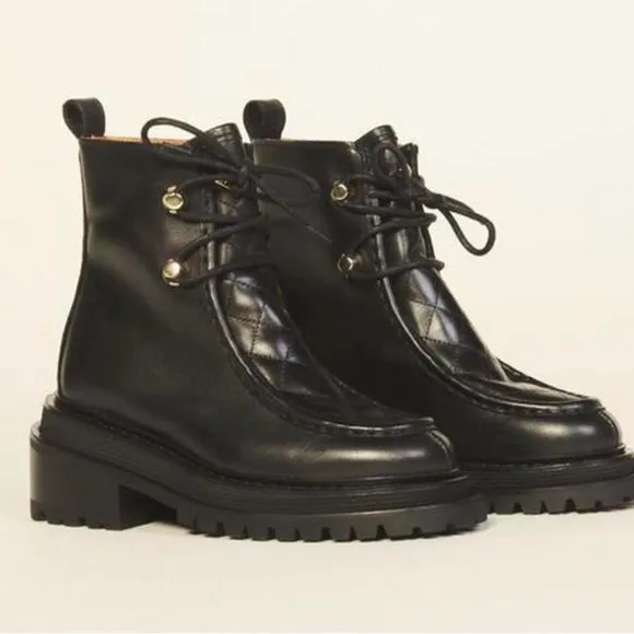 Black Lace-Up Combat Boots with Rugged Sole