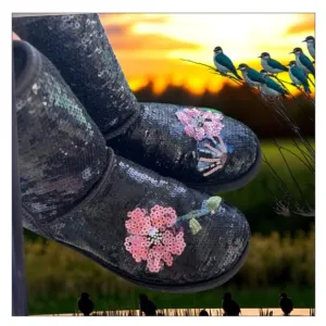 Black Sequins Ugg Boots With Flower Design Custom