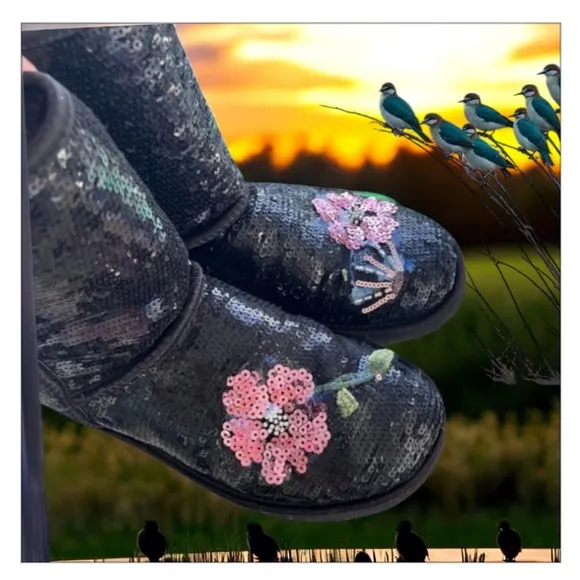 Black Sequins Ugg Boots With Flower Design Custom