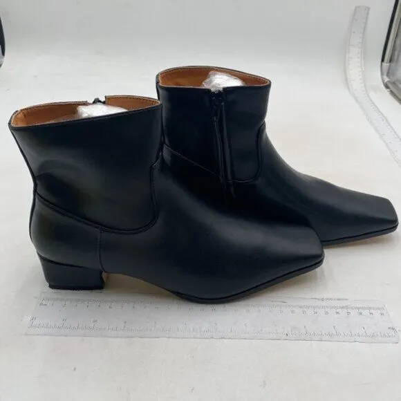 Black Women Square Toe Low Chunky Heels Side Zipper Ankle Boots Formal Shoes