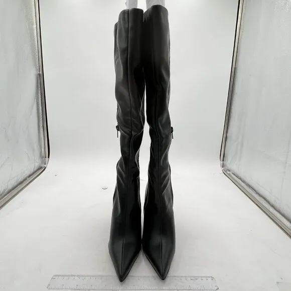 Black Women Wedge Heel Pointed Toe Thigh High Boots Thick High Heel Trendy Boots