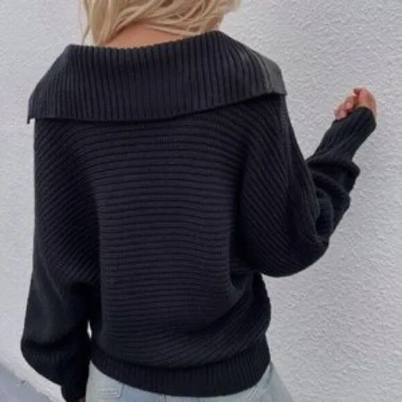 Black V neck Collar Knit Sweater Top Minimalist y2k