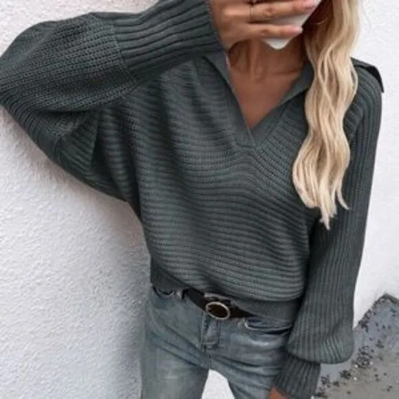 Black V neck Collar Knit Sweater Top Minimalist y2k