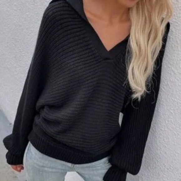 Black V neck Collar Knit Sweater Top Minimalist y2k