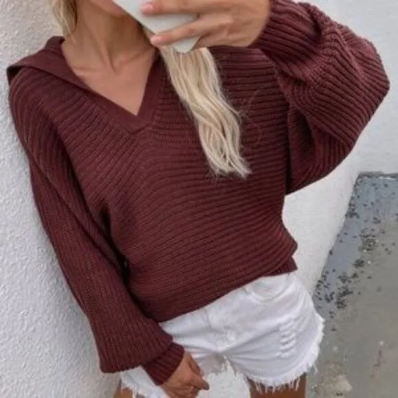 Black V neck Collar Knit Sweater Top Minimalist y2k