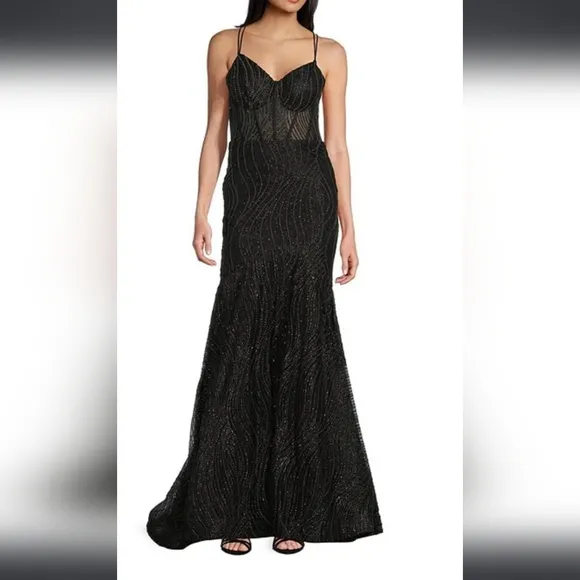 Blondie Nites Glitter Black and Silver Prom Dress