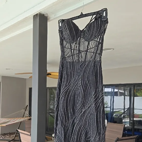 Blondie Nites Glitter Black and Silver Prom Dress